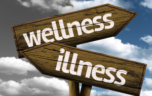 Wellness x Illness creative sign with clouds as the background